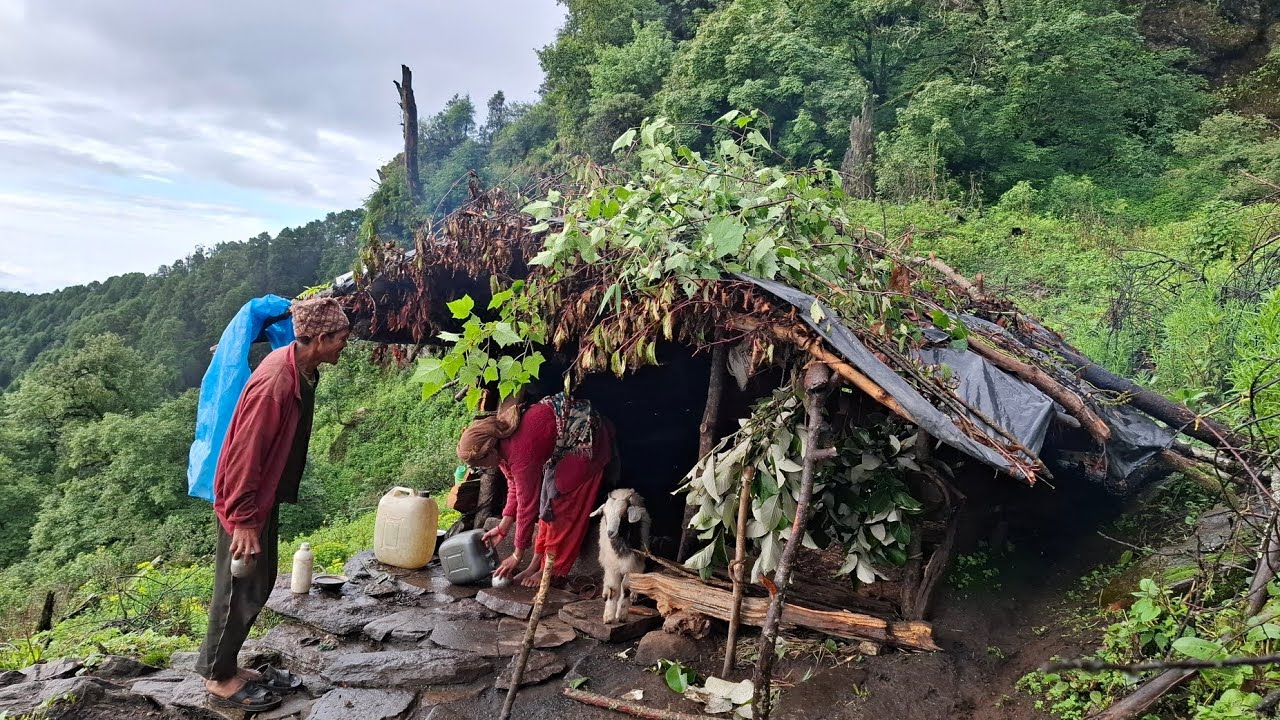 Man looking into a lean-to structure